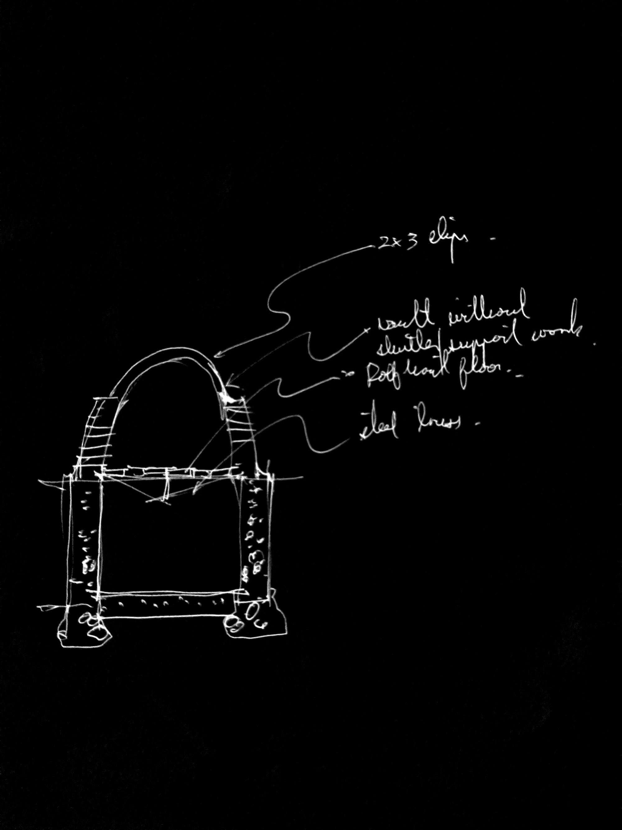 Damaraland — vault sketch: 2 x 3 clip, vault without shuttering, support work, roof and floor plan, steel truss